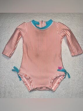 Rufflebutts toddler seersucker long sleeve rash guard swimsuit, size 6-12 mos